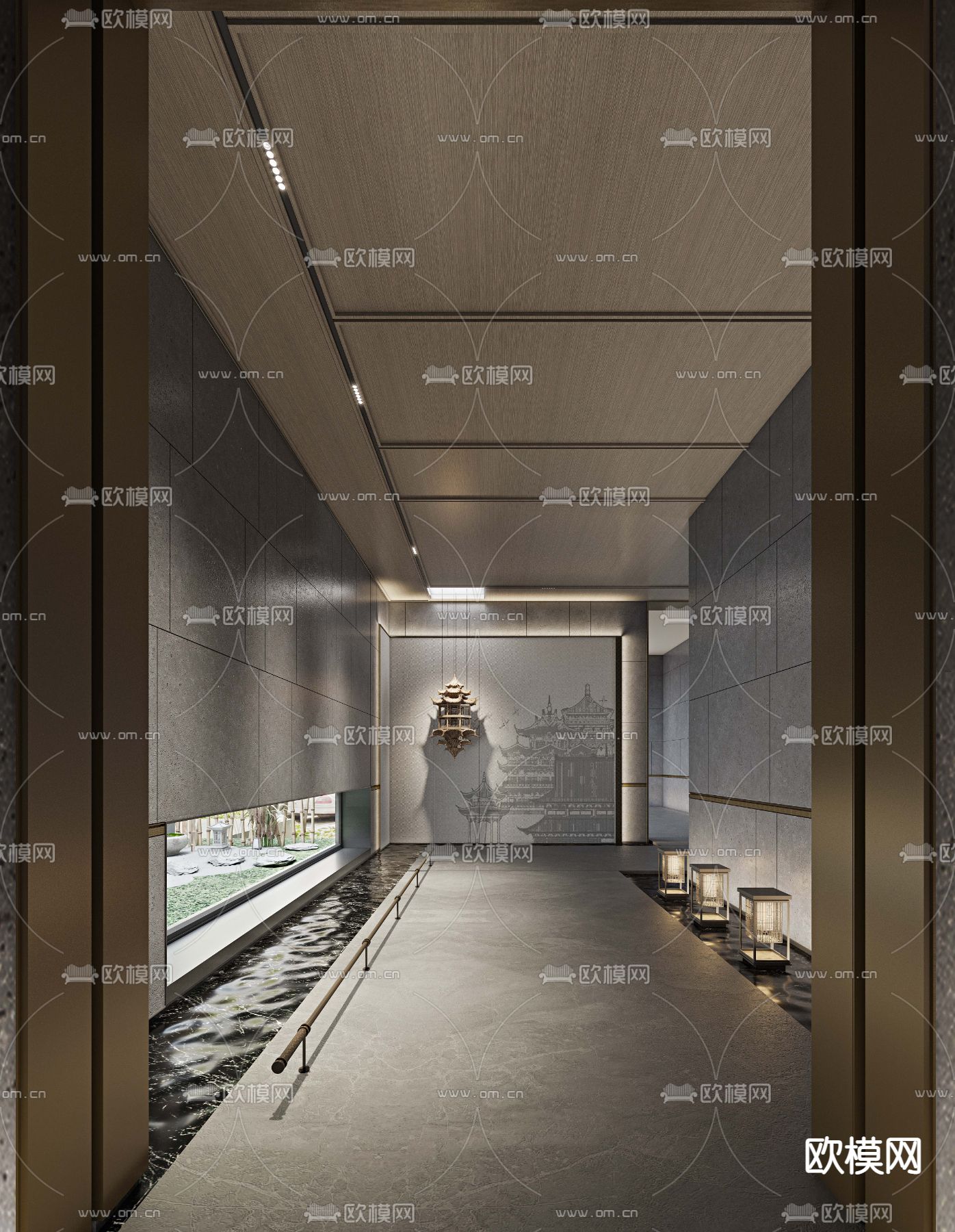 新中式酒店过道3d模型下载