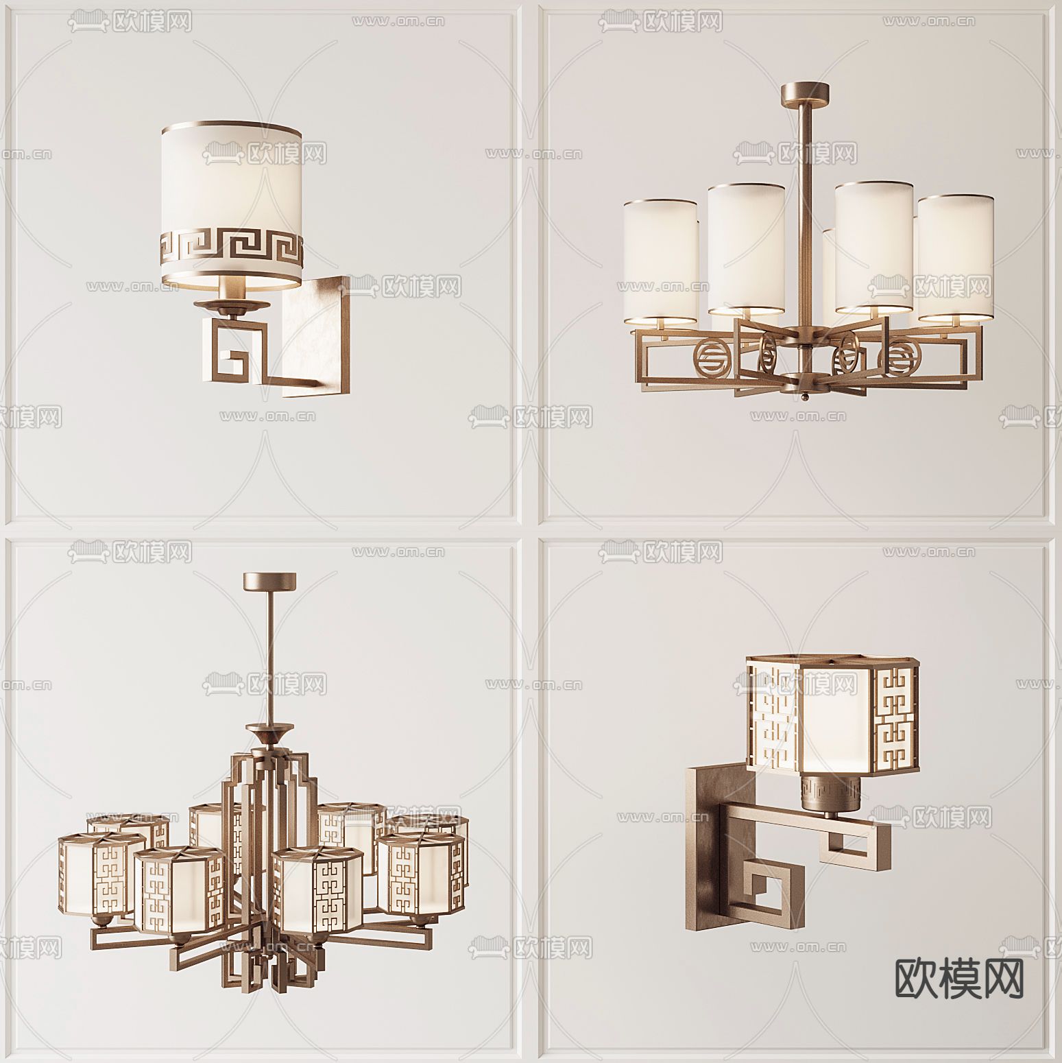 新中式金属吊灯壁灯3d模型下载