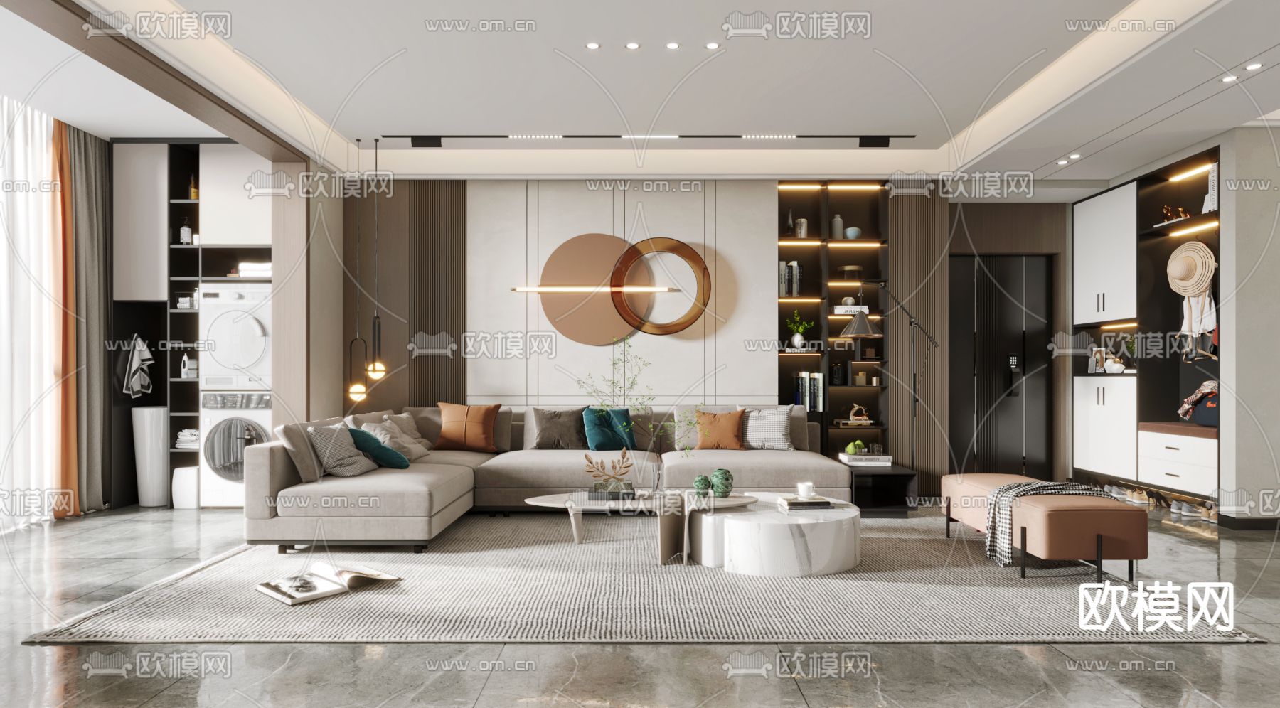 现代轻奢客厅餐厅3d模型下载（渲染图1）