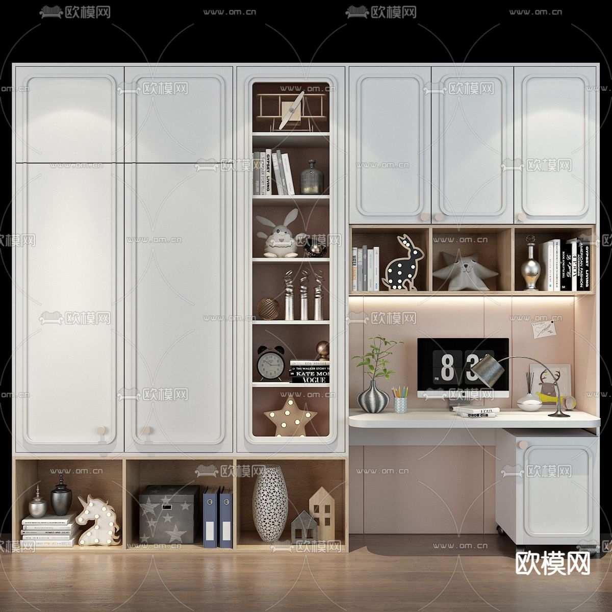 现代儿童一体式书柜装饰柜3d模型下载（渲染图2）