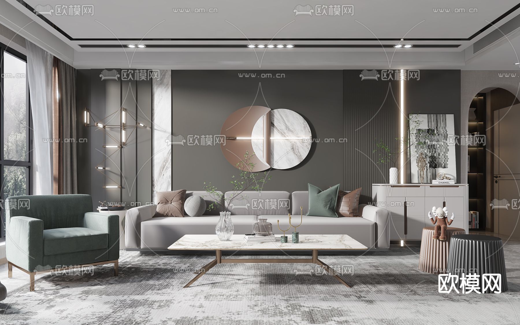 现代高级灰客厅3d模型下载（渲染图1）