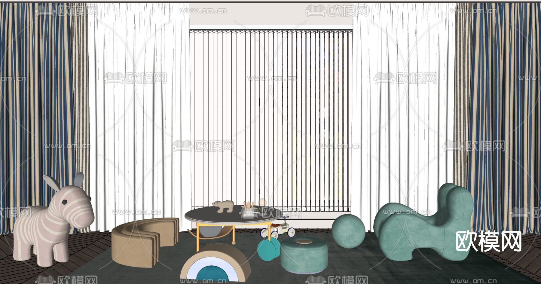 现代儿童桌椅su模型下载（渲染图2）