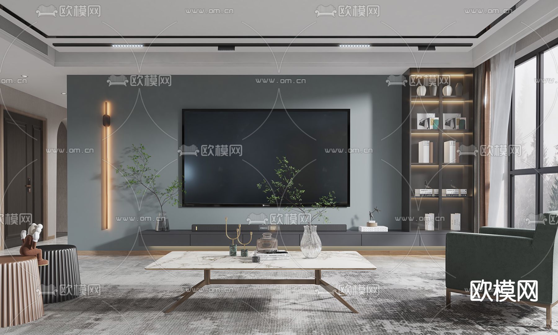 现代高级灰客厅3d模型下载（渲染图2）