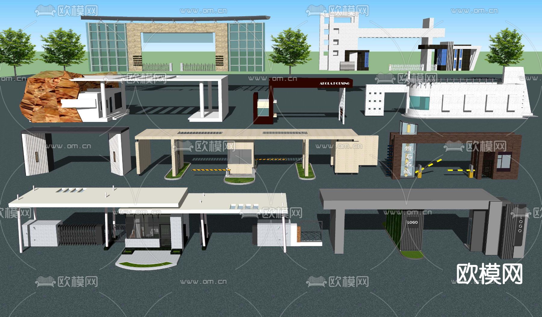 现代宅小区大门入口su模型下载