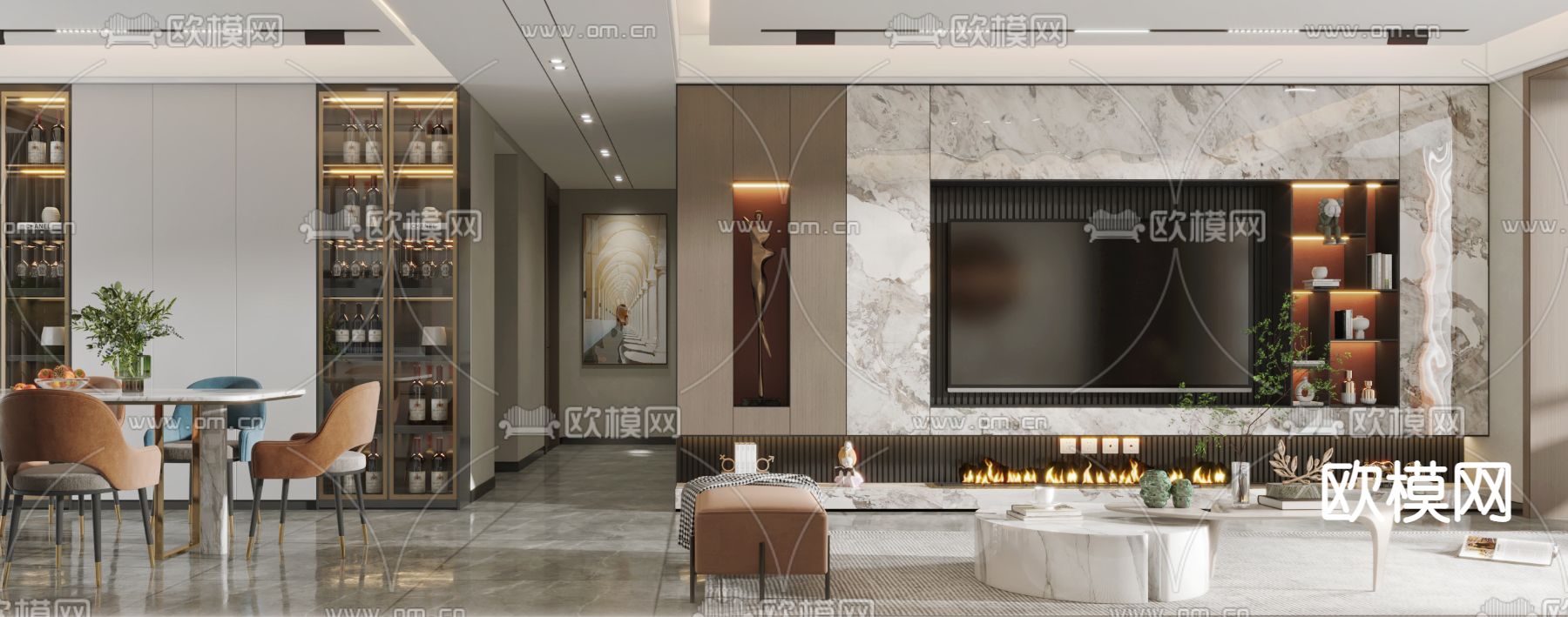 现代轻奢客厅餐厅3d模型下载（渲染图4）