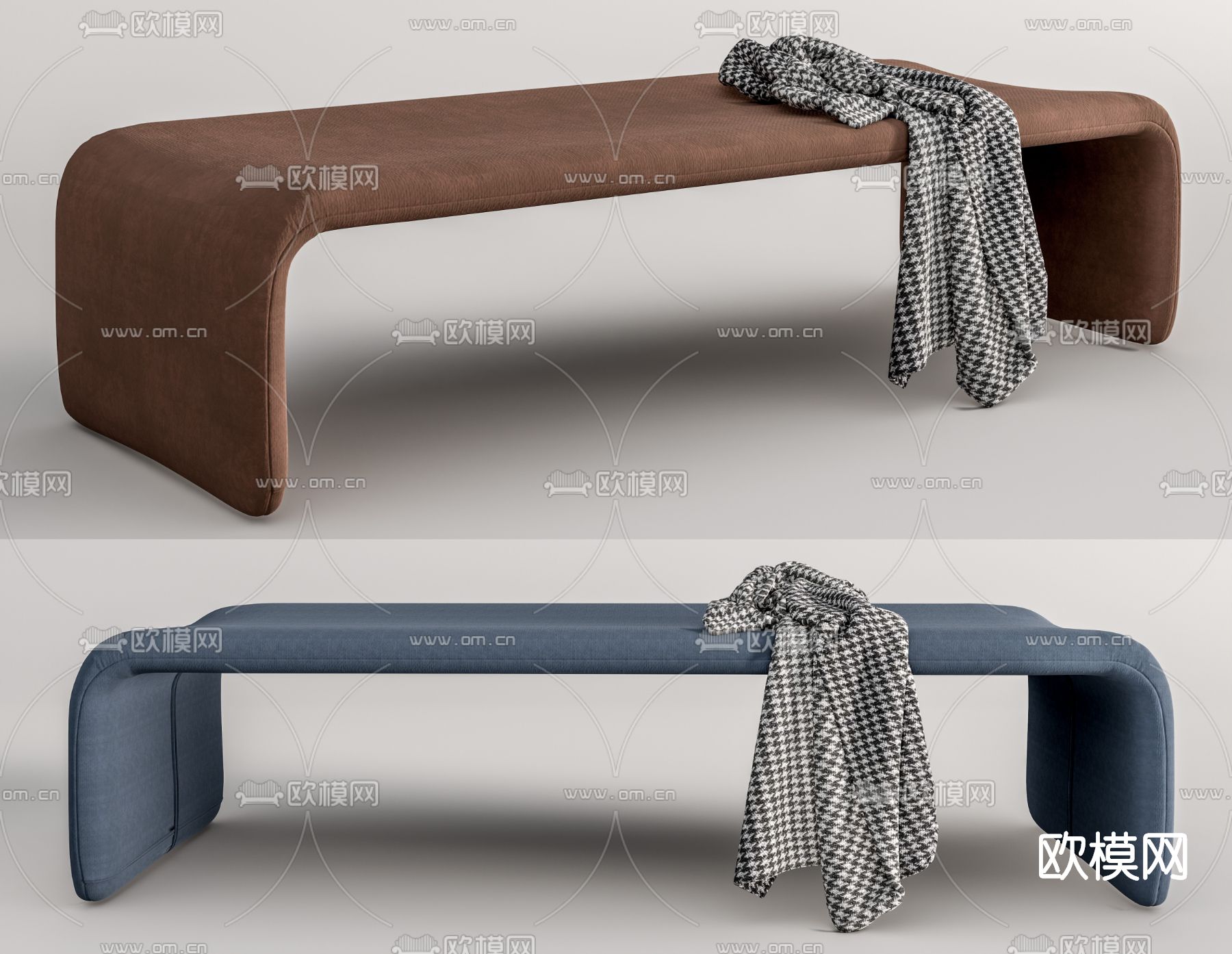 现代布艺床尾凳su模型下载（渲染图1）