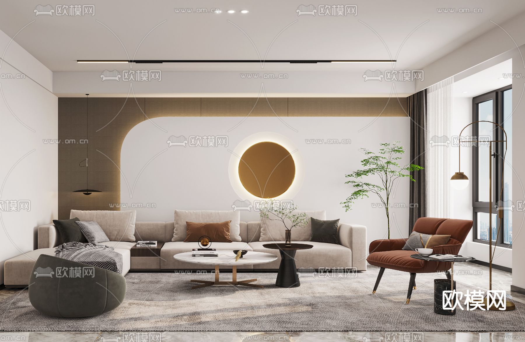 现代布艺转角沙发组合3d模型下载（渲染图2）