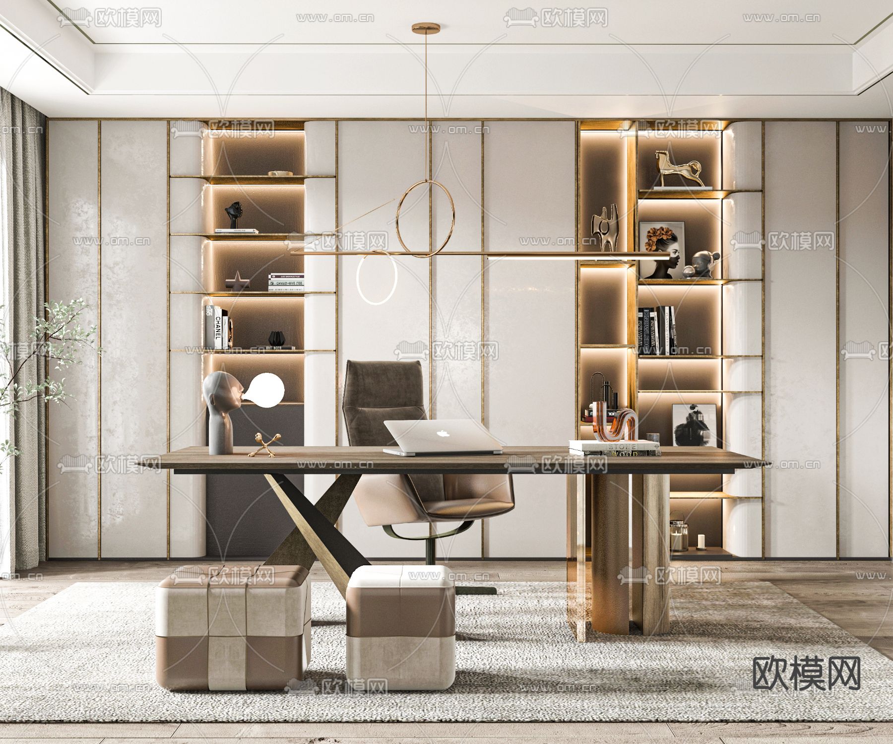 现代轻奢书房3d模型下载