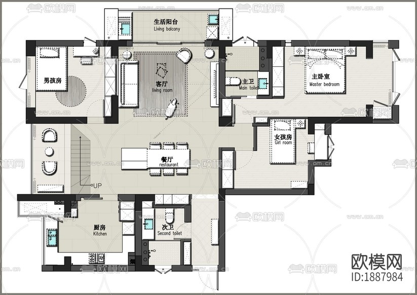 住宅臥室客廳cad施工圖下載(渲染圖3)