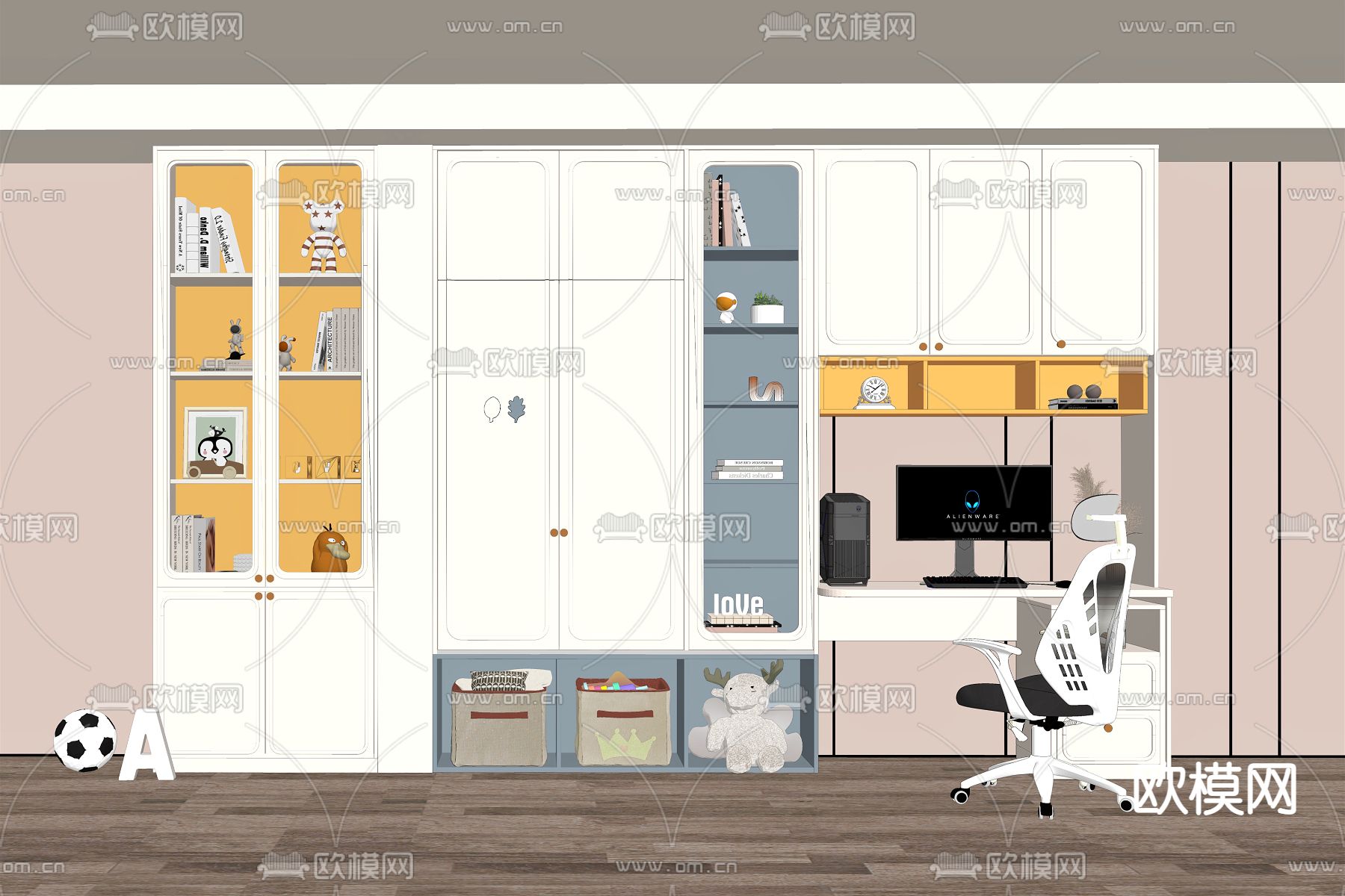 北欧书柜一体书桌椅su模型下载（渲染图2）