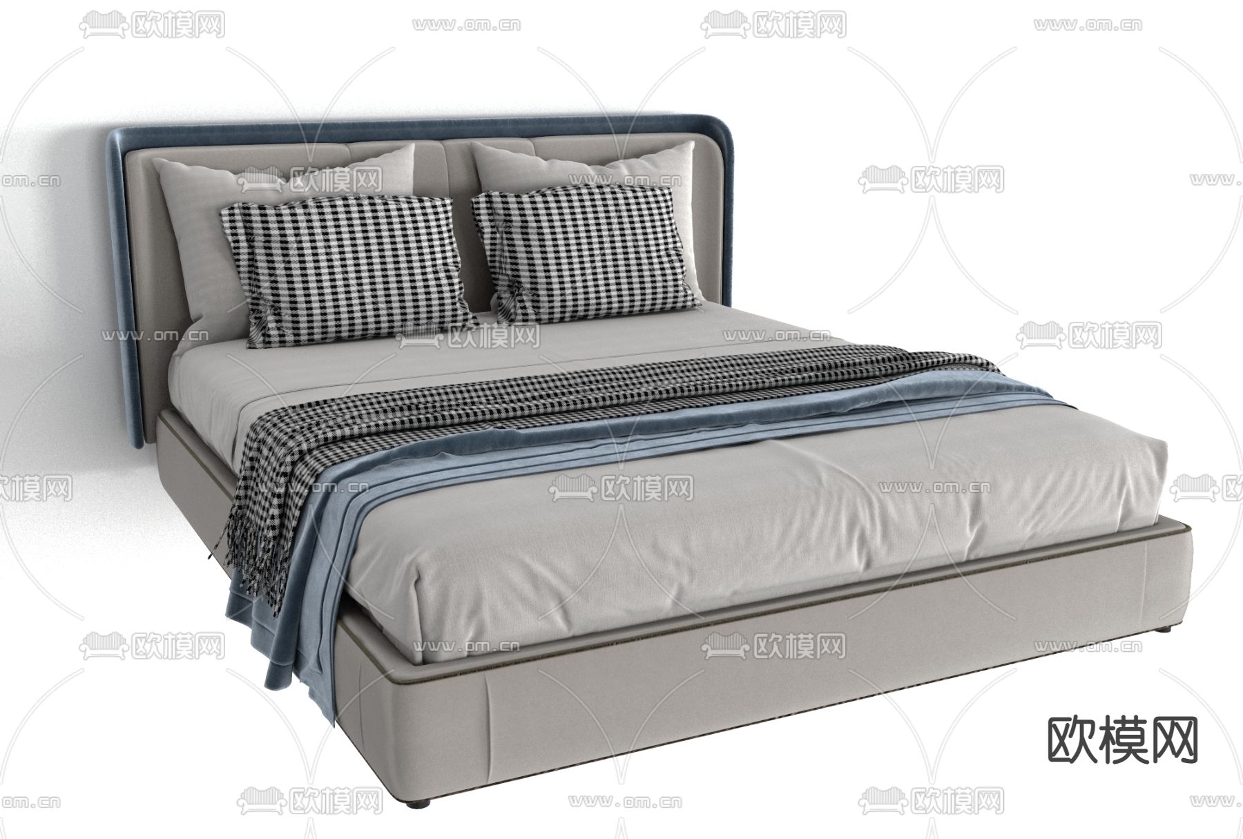 现代布艺双人床免费3d模型下载