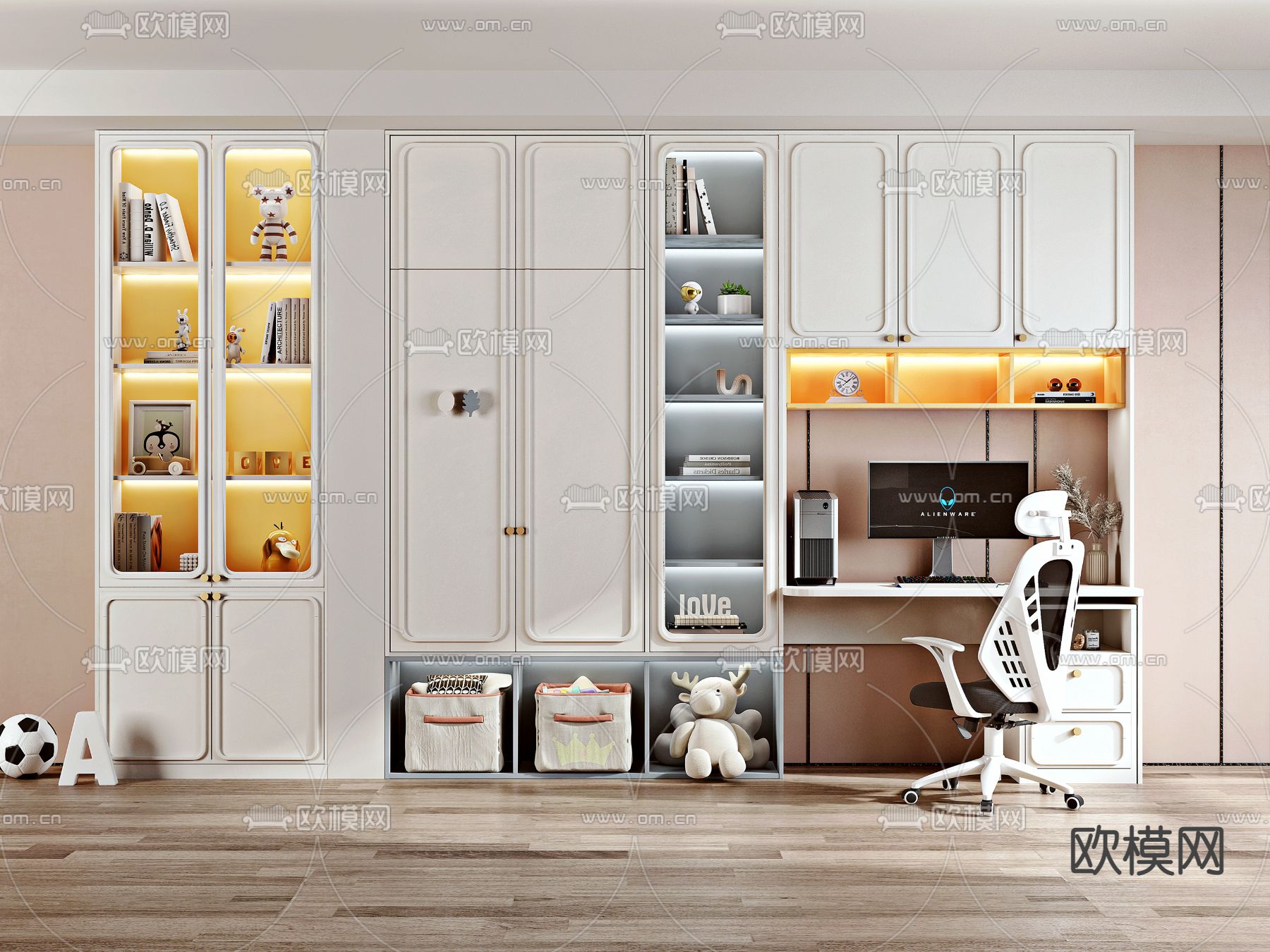 北欧书柜一体书桌椅su模型下载（渲染图1）
