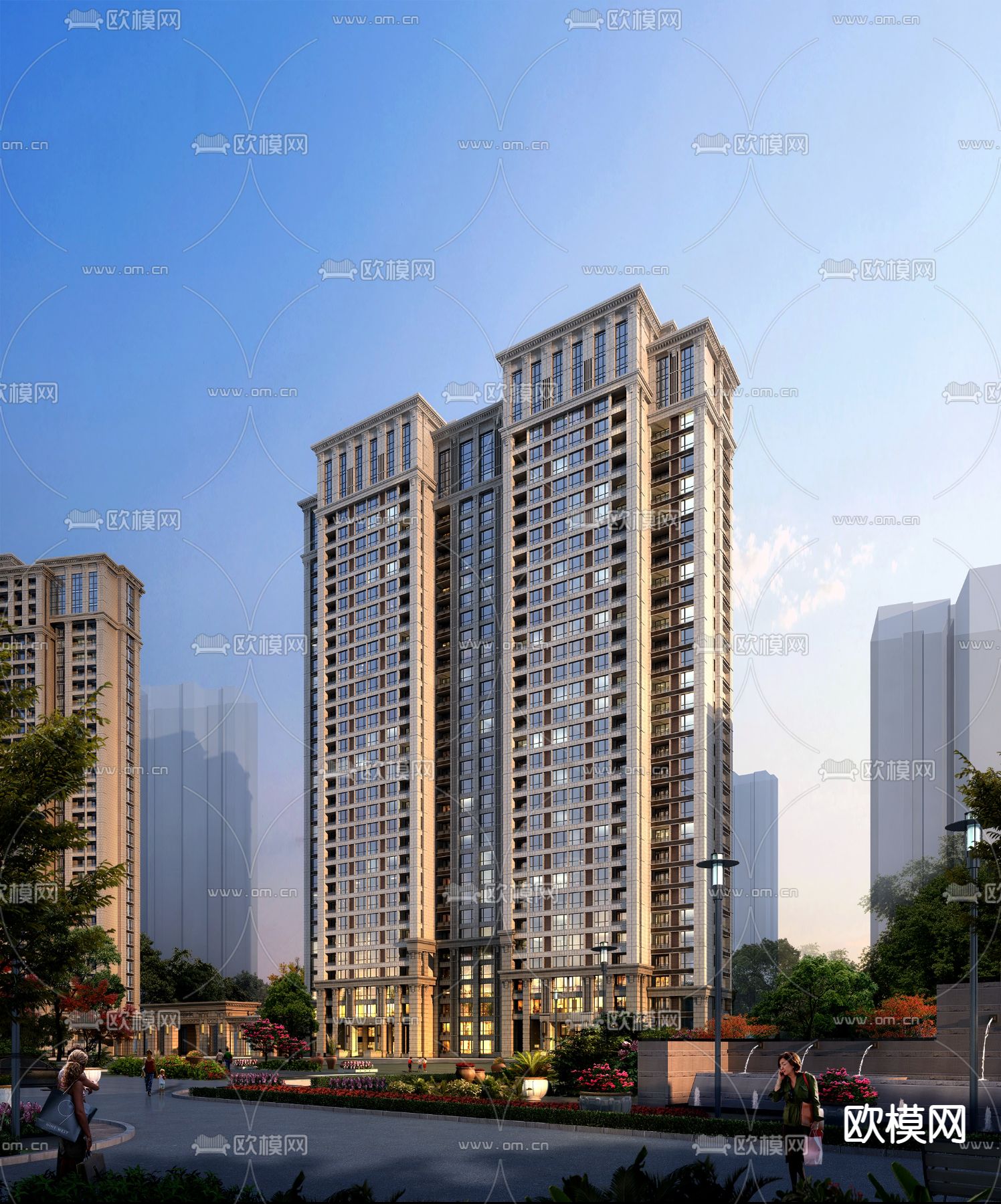 简欧高层住宅楼外观夜景3d模型下载