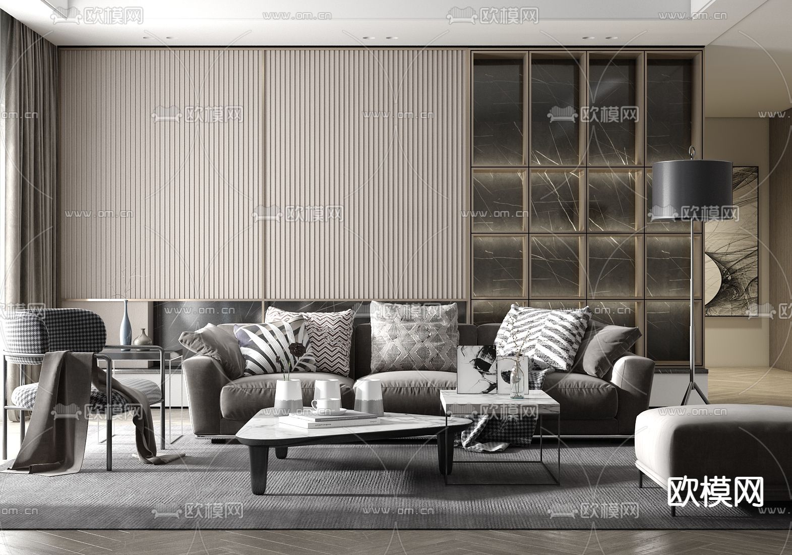 现代轻奢客厅su模型下载