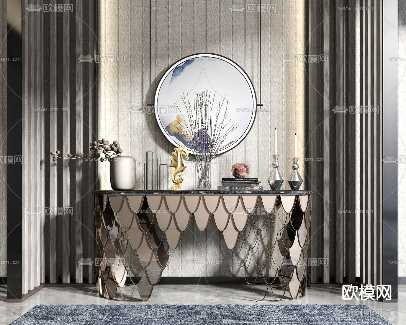 现代金属端景条案su模型下载
