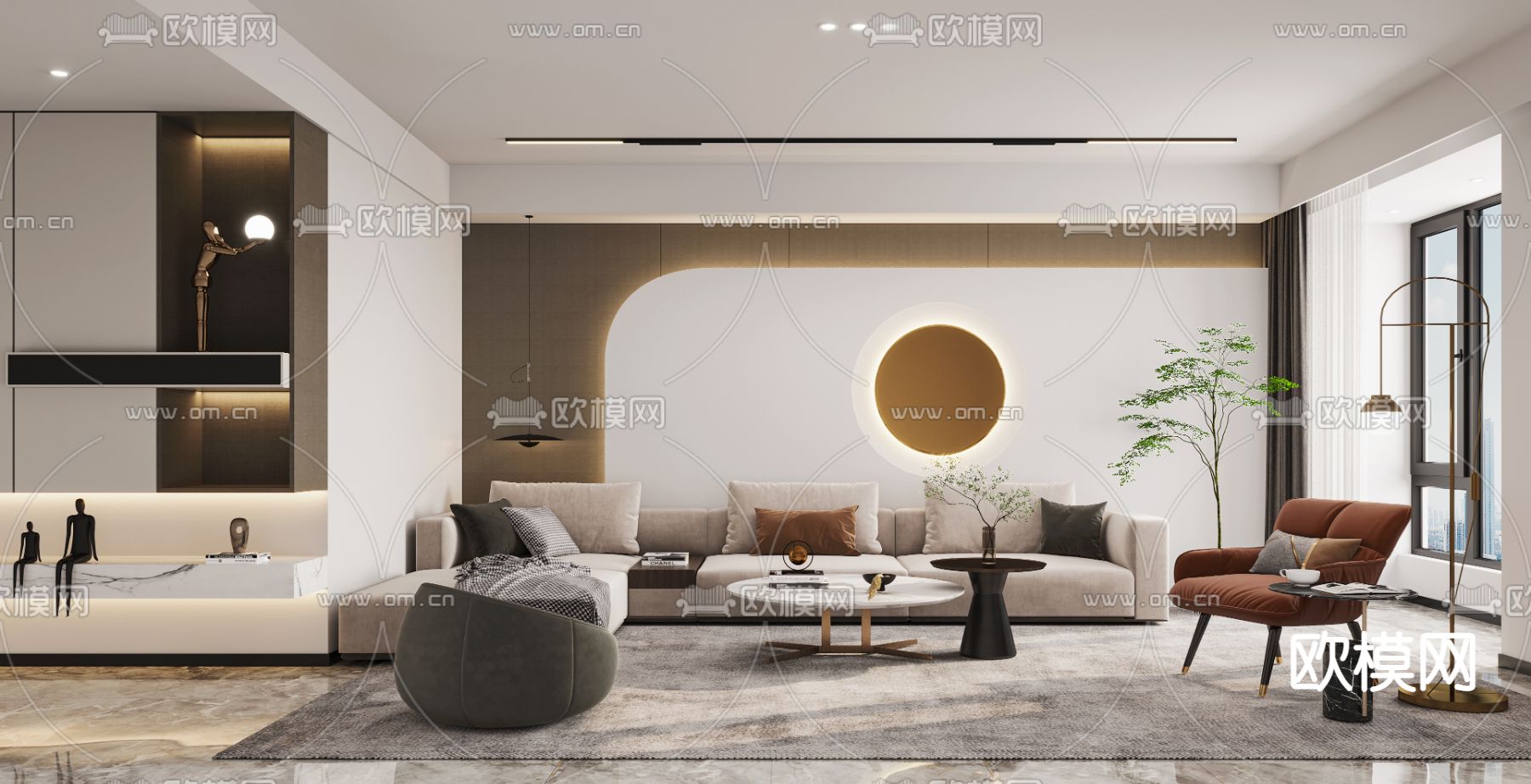 现代布艺转角沙发组合3d模型下载（渲染图1）