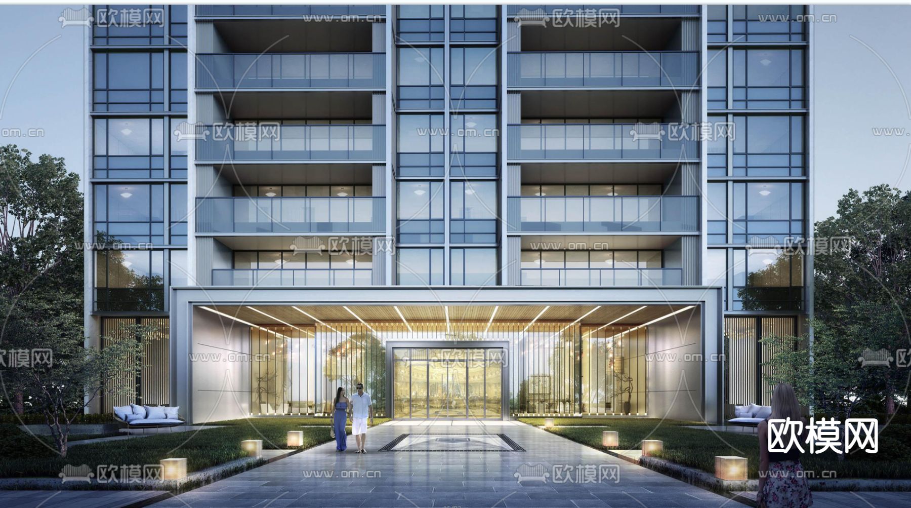 现代住宅楼入口门头夜景3d模型下载