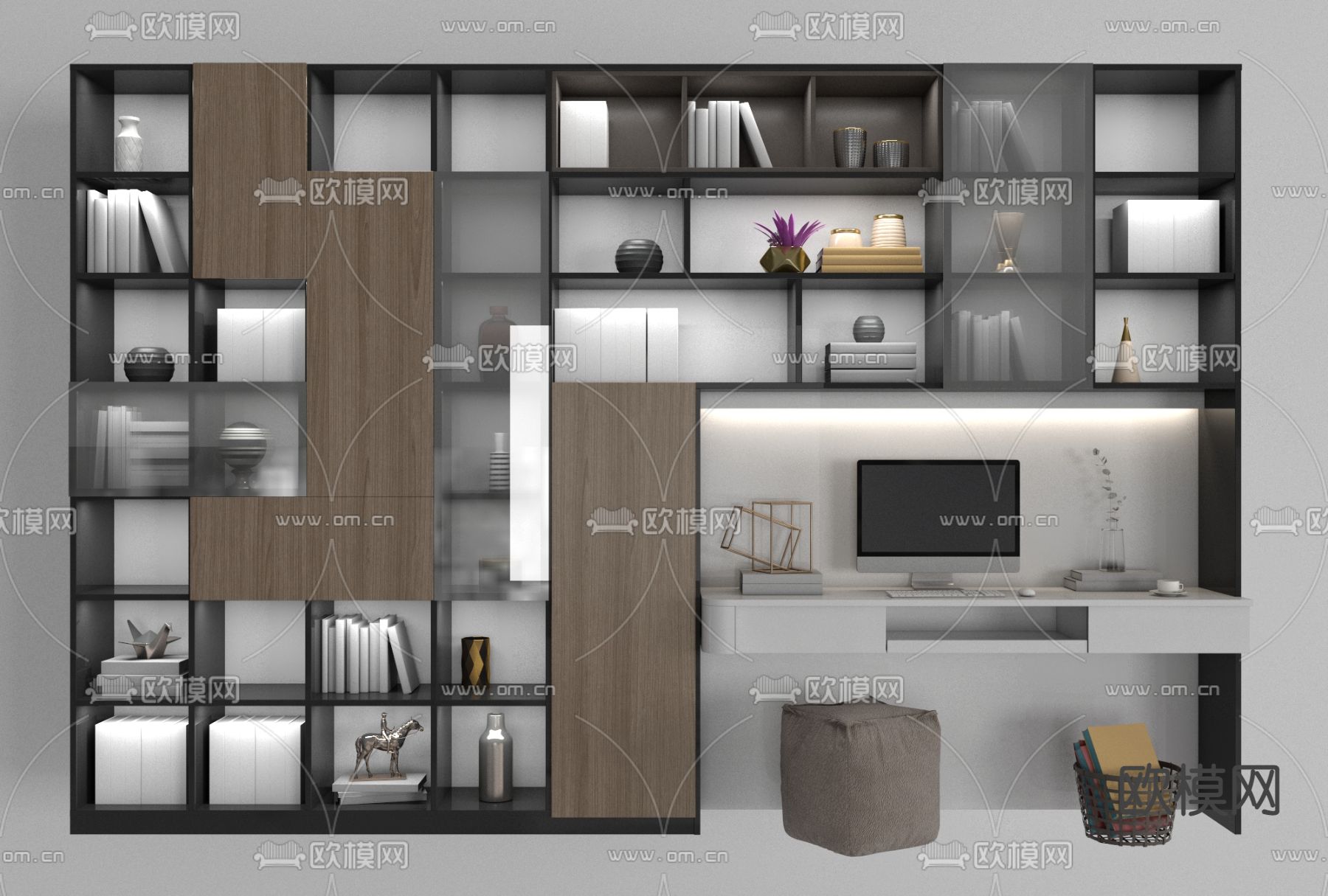 现代一体式书桌书柜免费3d模型下载