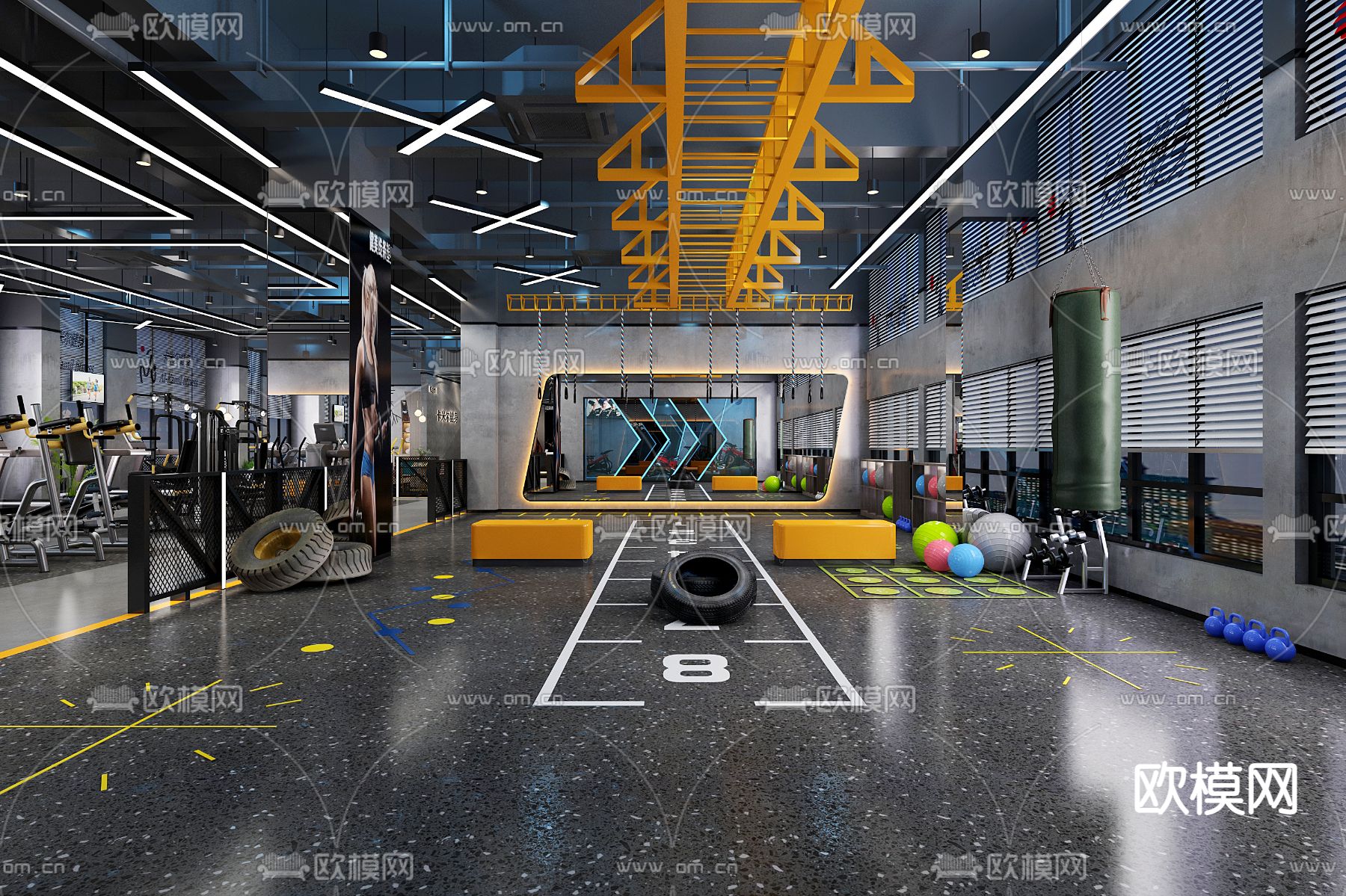 工业风健身房3d模型下载（渲染图1）