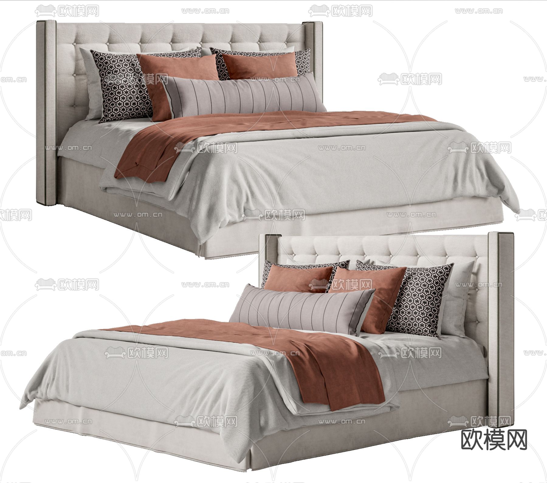 美式双人床su模型下载（渲染图1）