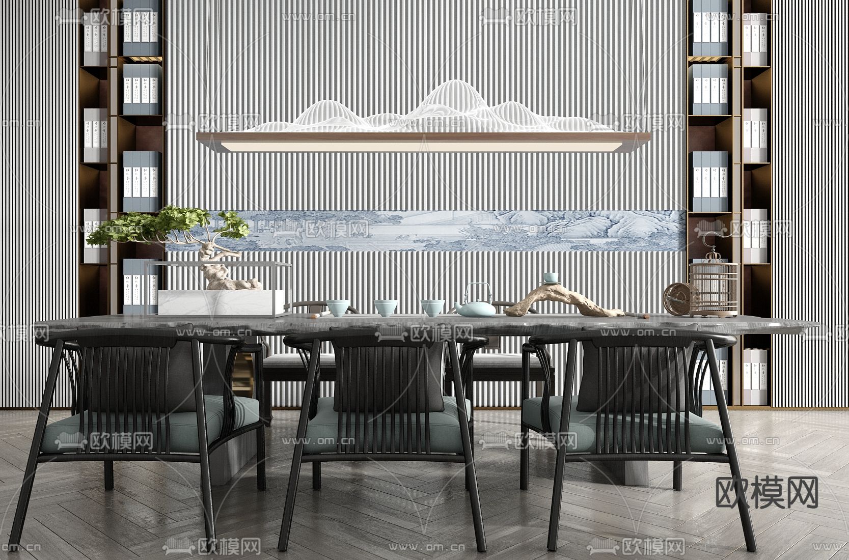 新中式实木茶桌椅su模型下载