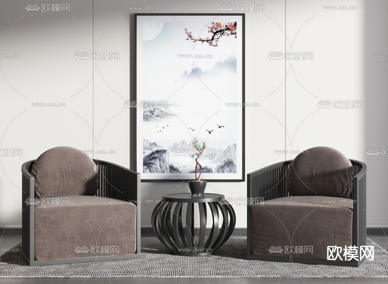 新中式布艺休闲沙发3d模型下载