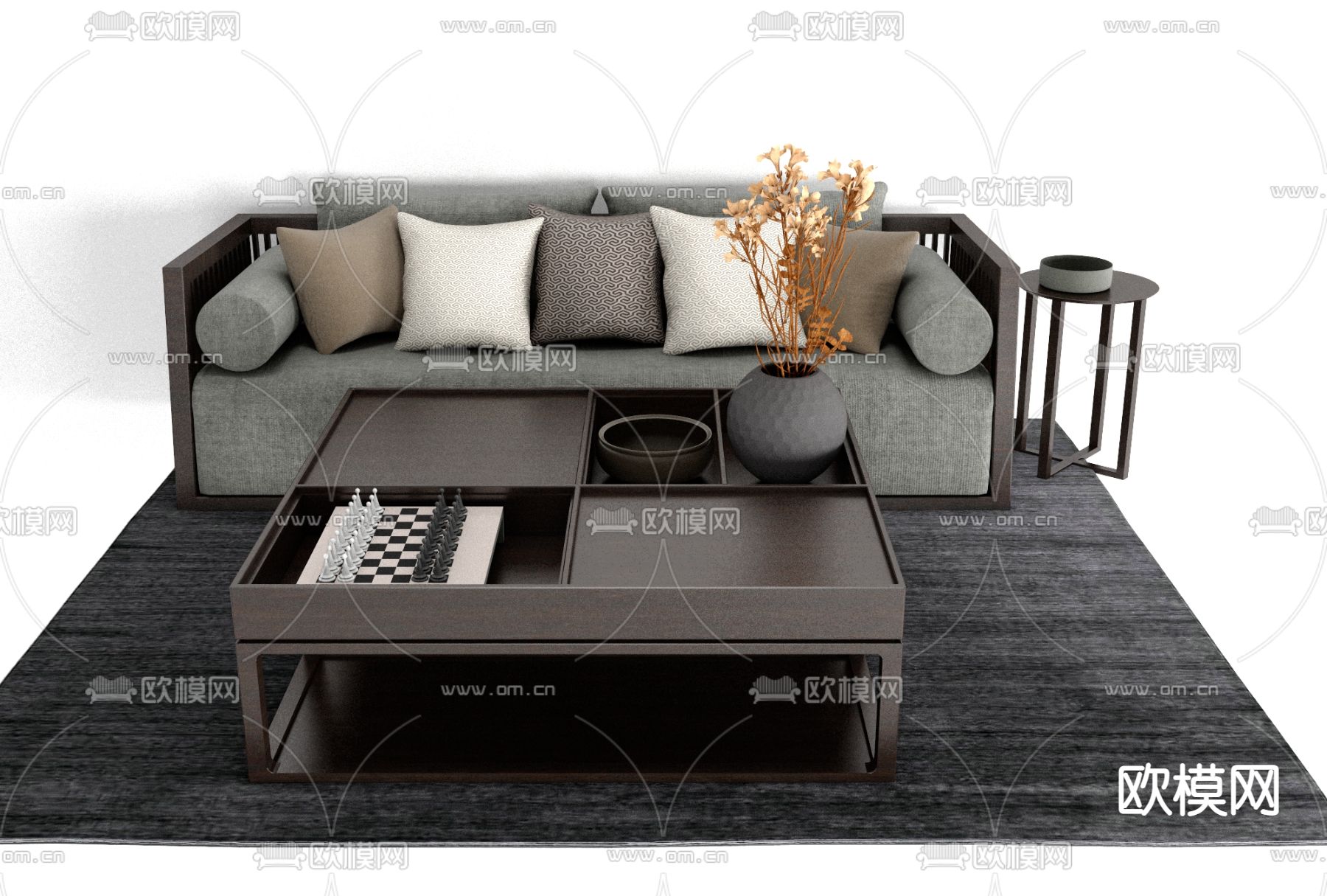 新中式布艺休闲沙发免费3d模型下载