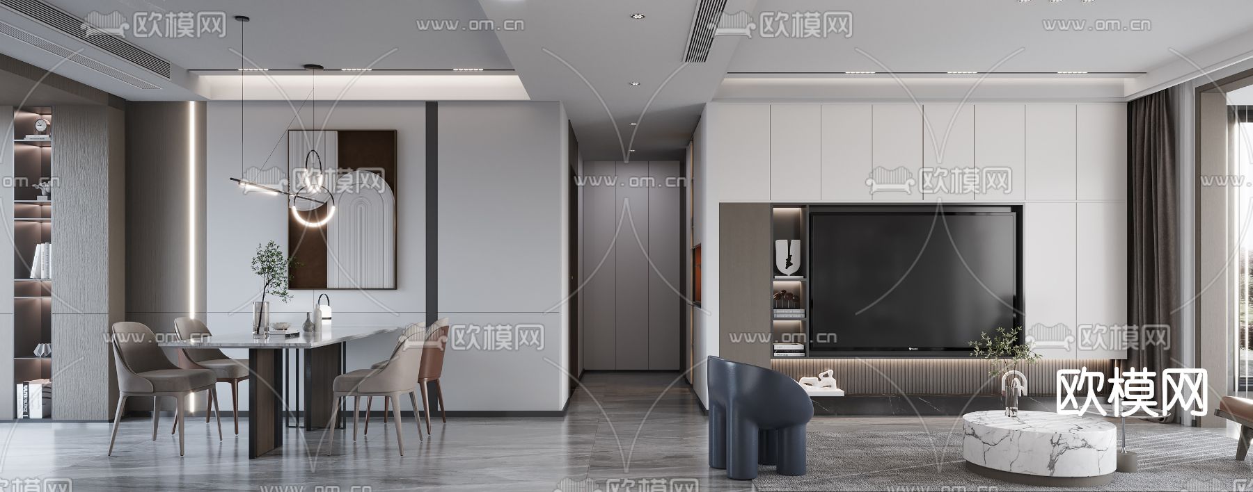 现代客厅餐厅3d模型