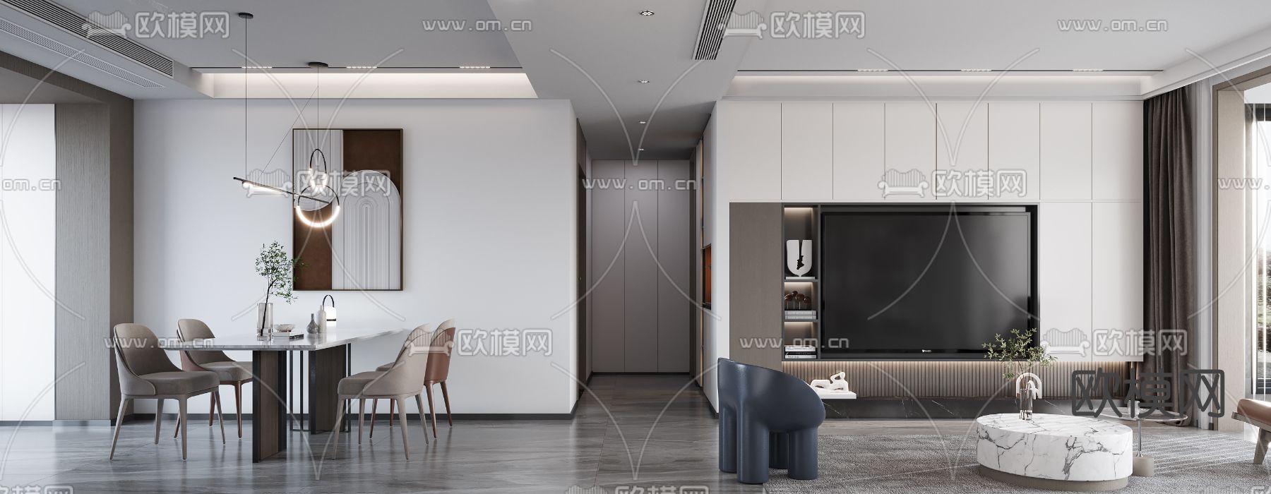 现代客厅餐厅3d模型