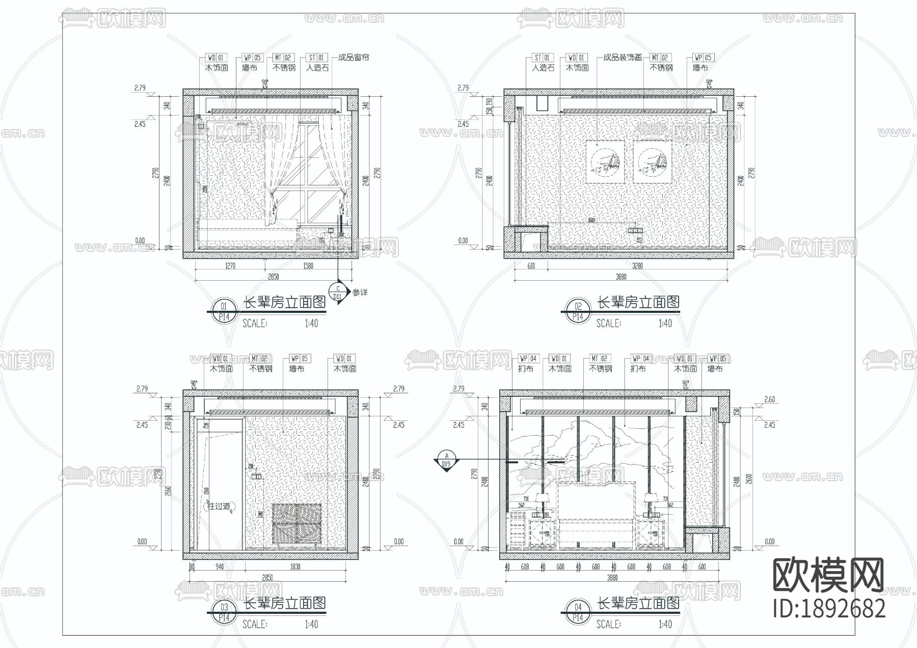 卧室客厅卫生间cad施工图下载（渲染图8）