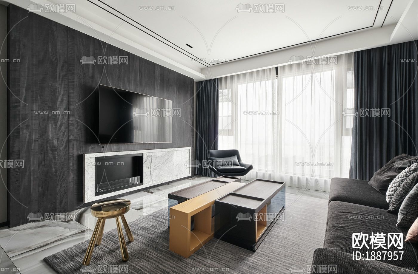 现代家居样板房CAD施工图效果图下载（渲染图1）