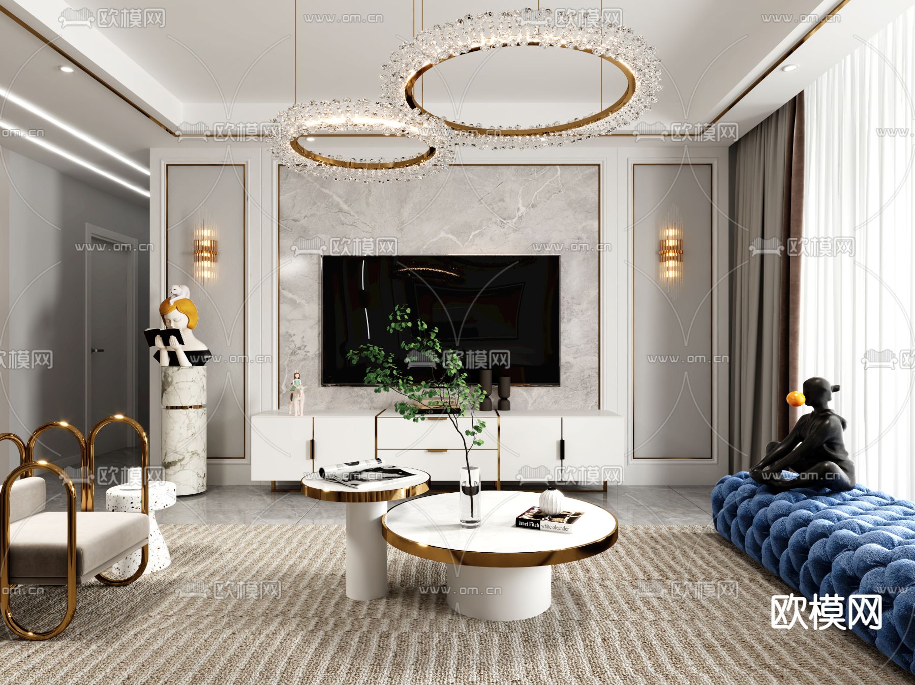 简欧轻奢客厅餐厅3d模型下载（渲染图2）