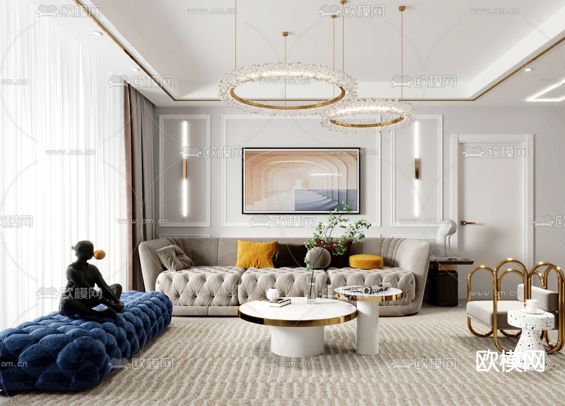 简欧轻奢客厅餐厅3d模型下载（渲染图1）