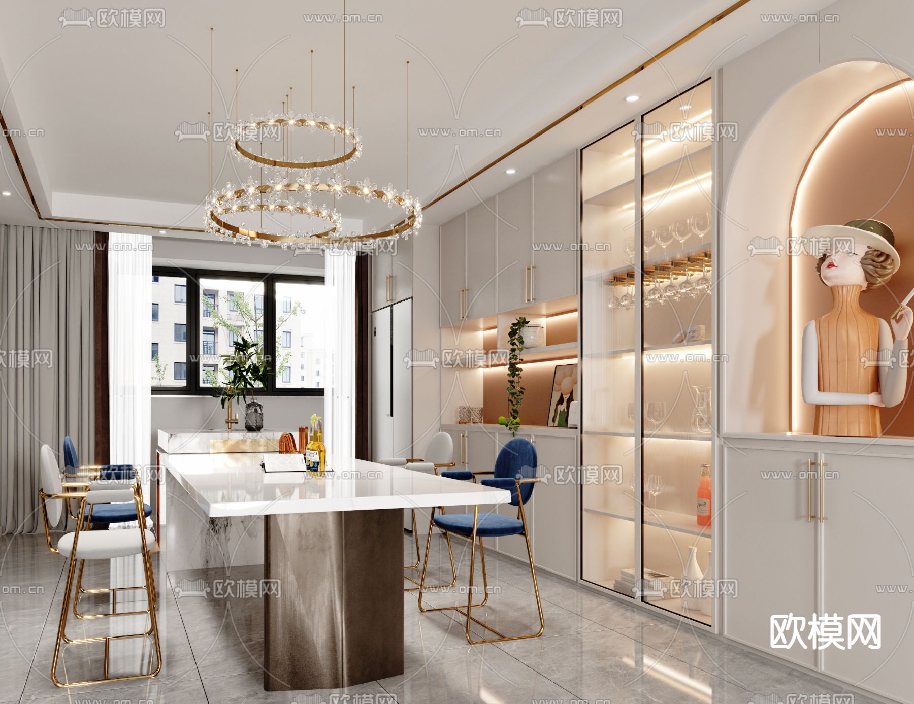 简欧轻奢客厅餐厅3d模型下载（渲染图3）