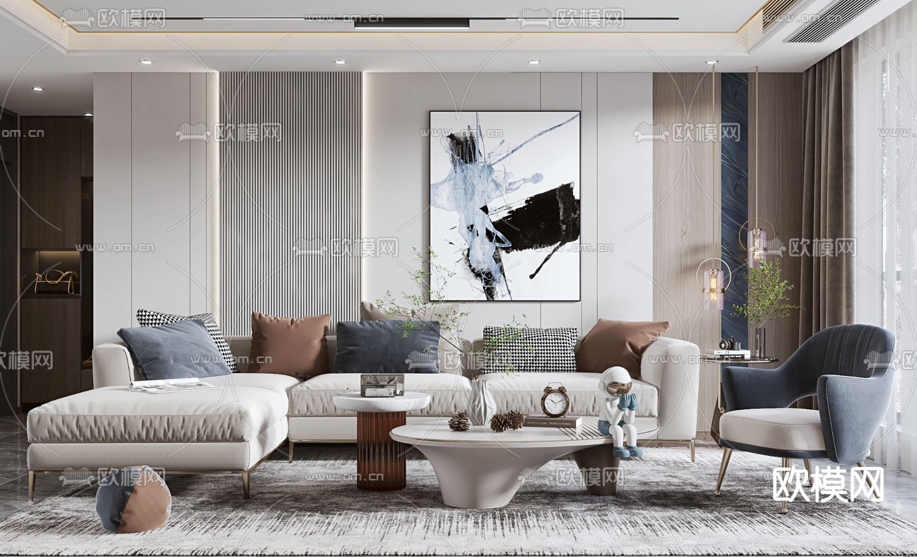 现代轻奢客厅3d模型下载（渲染图3）