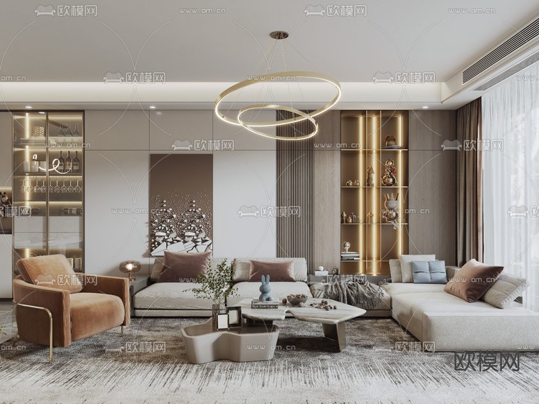 现代轻奢客厅餐厅3d模型下载(渲染图1)