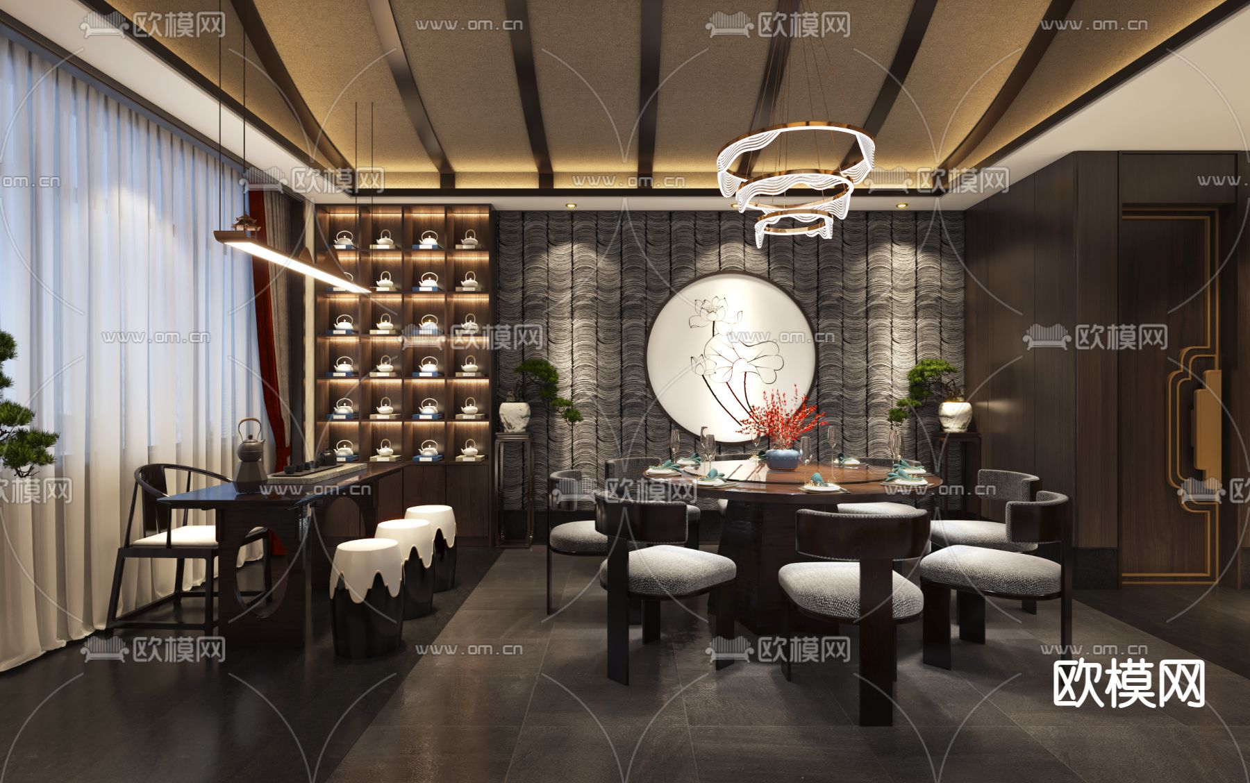 新中式餐厅包间免费3d模型下载（渲染图1）