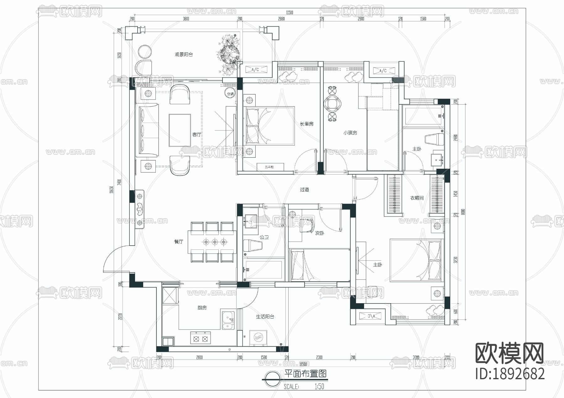 卧室客厅卫生间cad施工图下载（渲染图6）
