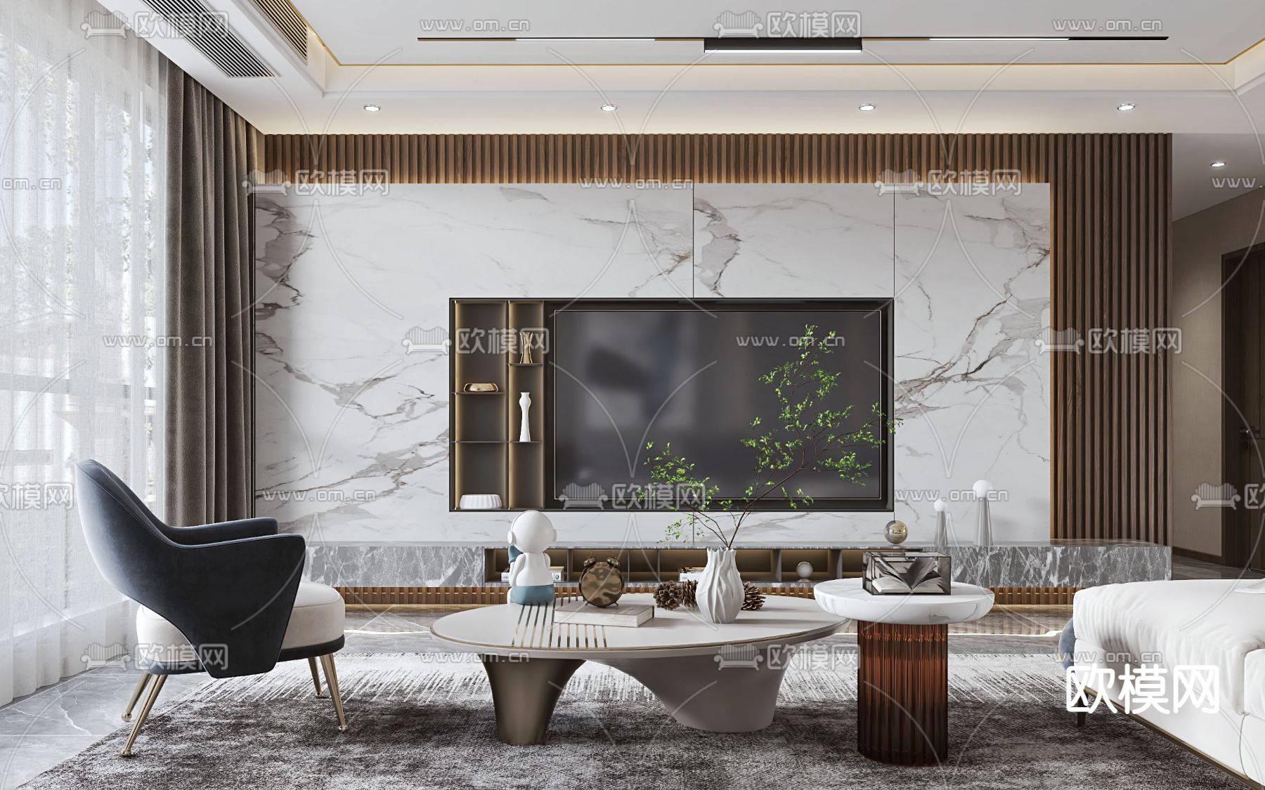 现代轻奢客厅3d模型下载（渲染图2）