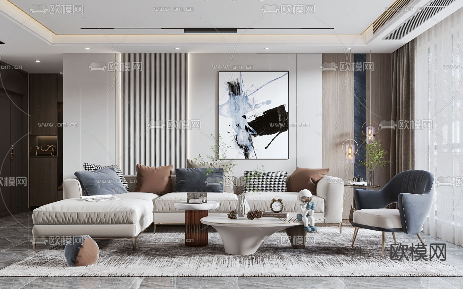 现代轻奢客厅3d模型下载（渲染图1）