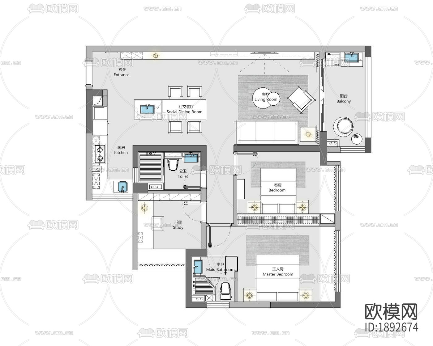 卧室客厅卫生间cad施工图下载（渲染图8）