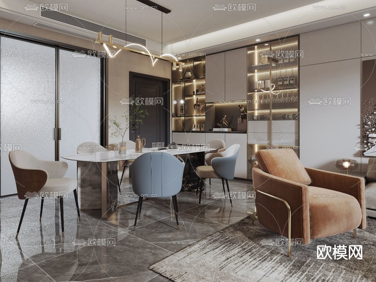现代轻奢客厅餐厅3d模型下载(渲染图4)