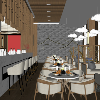  新中式中餐厅su模型 