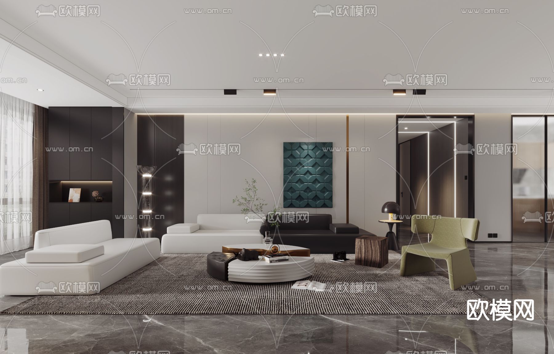 现代高级灰客餐厅3D模型下载（渲染图1）