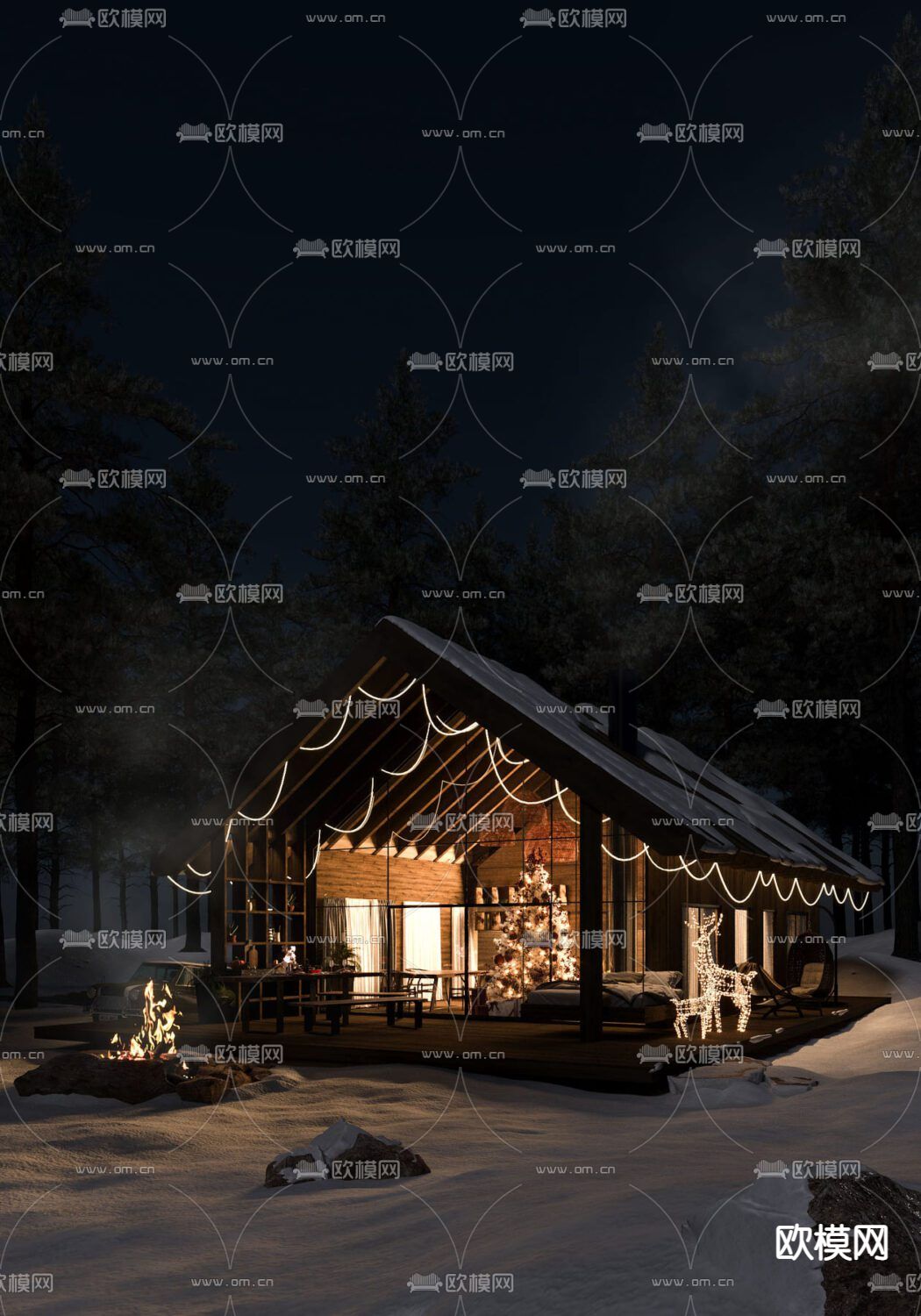 现代雪景度假别墅外观3d模型