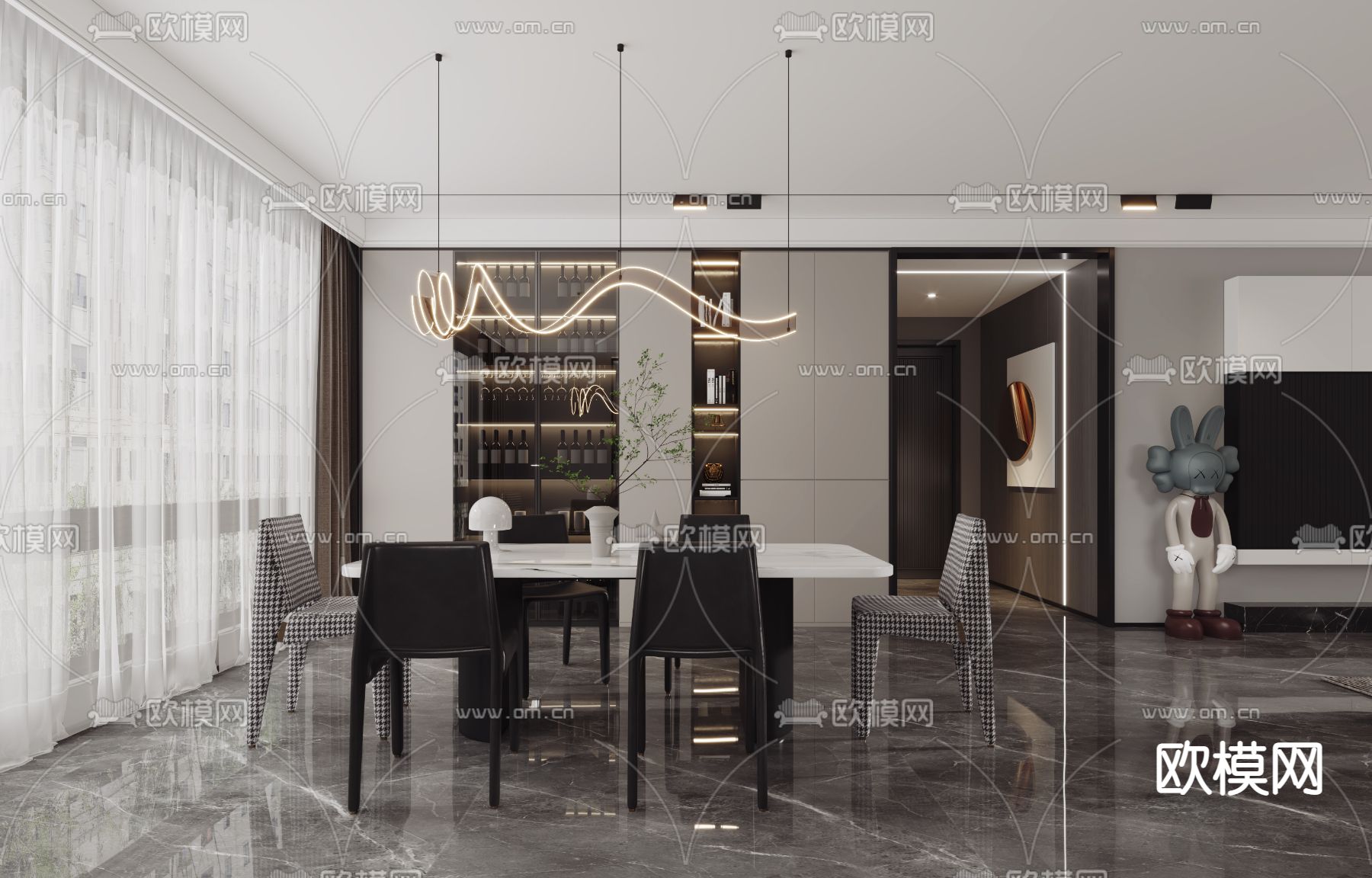 现代高级灰客餐厅3D模型下载（渲染图3）