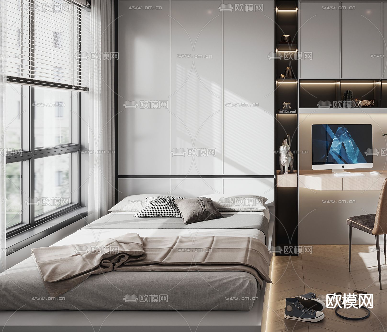 现代榻榻米卧室3d模型下载（渲染图2）