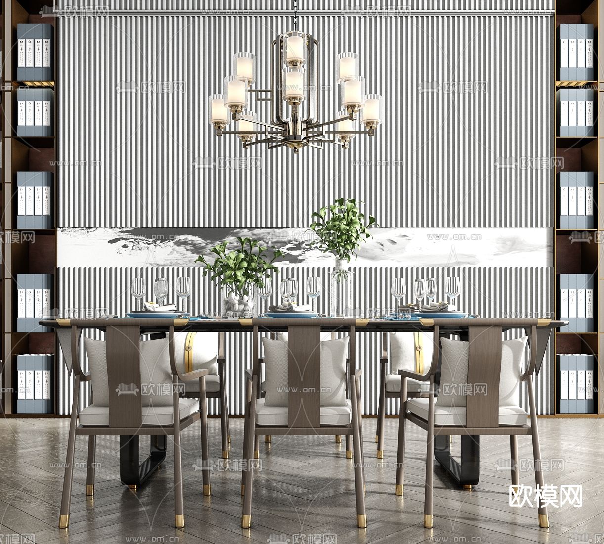 新中式实木餐桌椅su模型下载