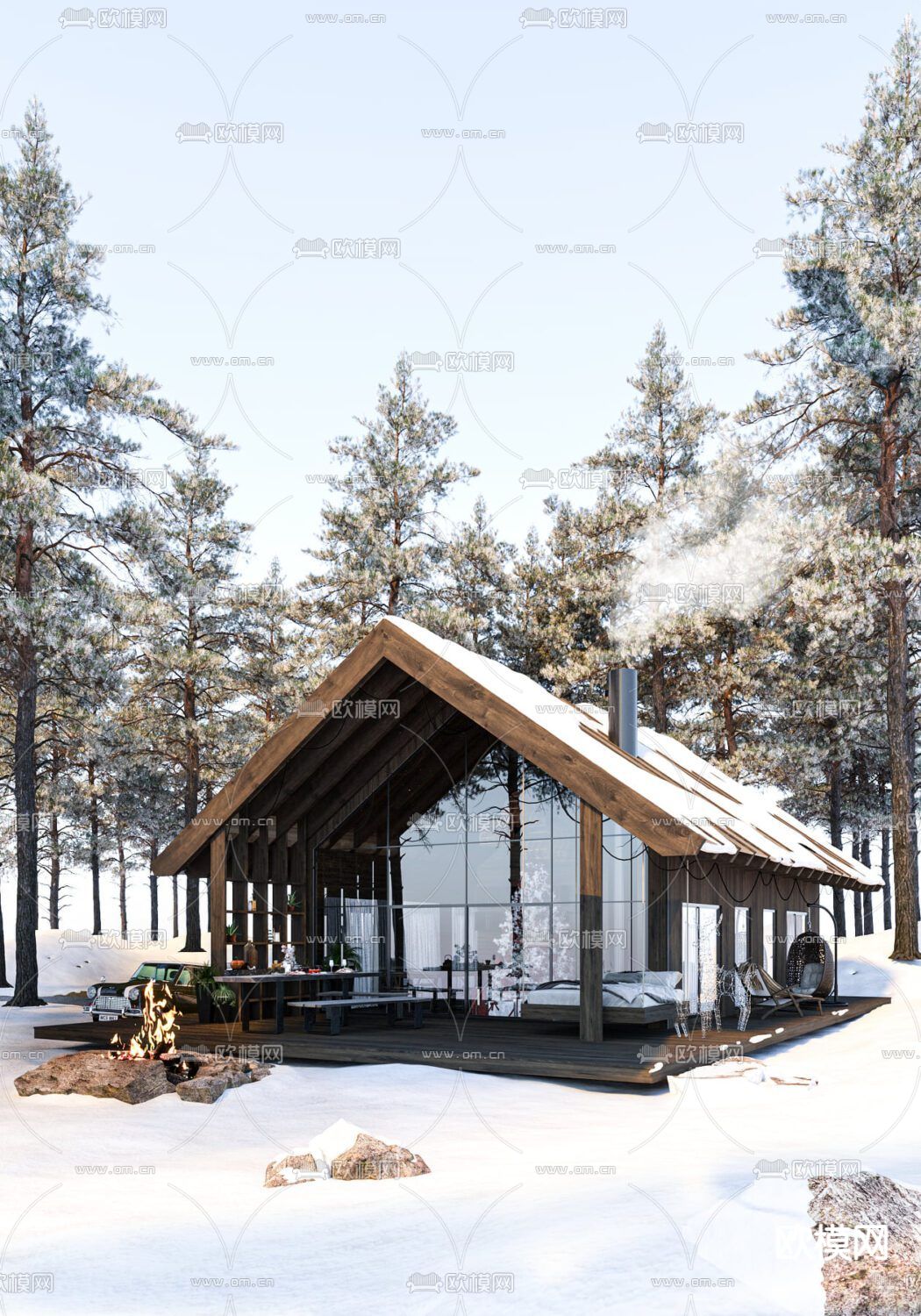 现代雪景度假别墅外观3d模型