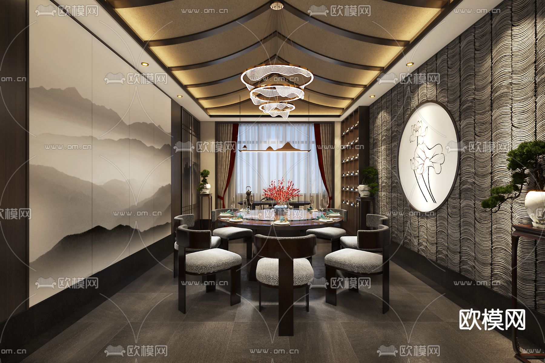 新中式餐厅包间免费3d模型下载（渲染图2）